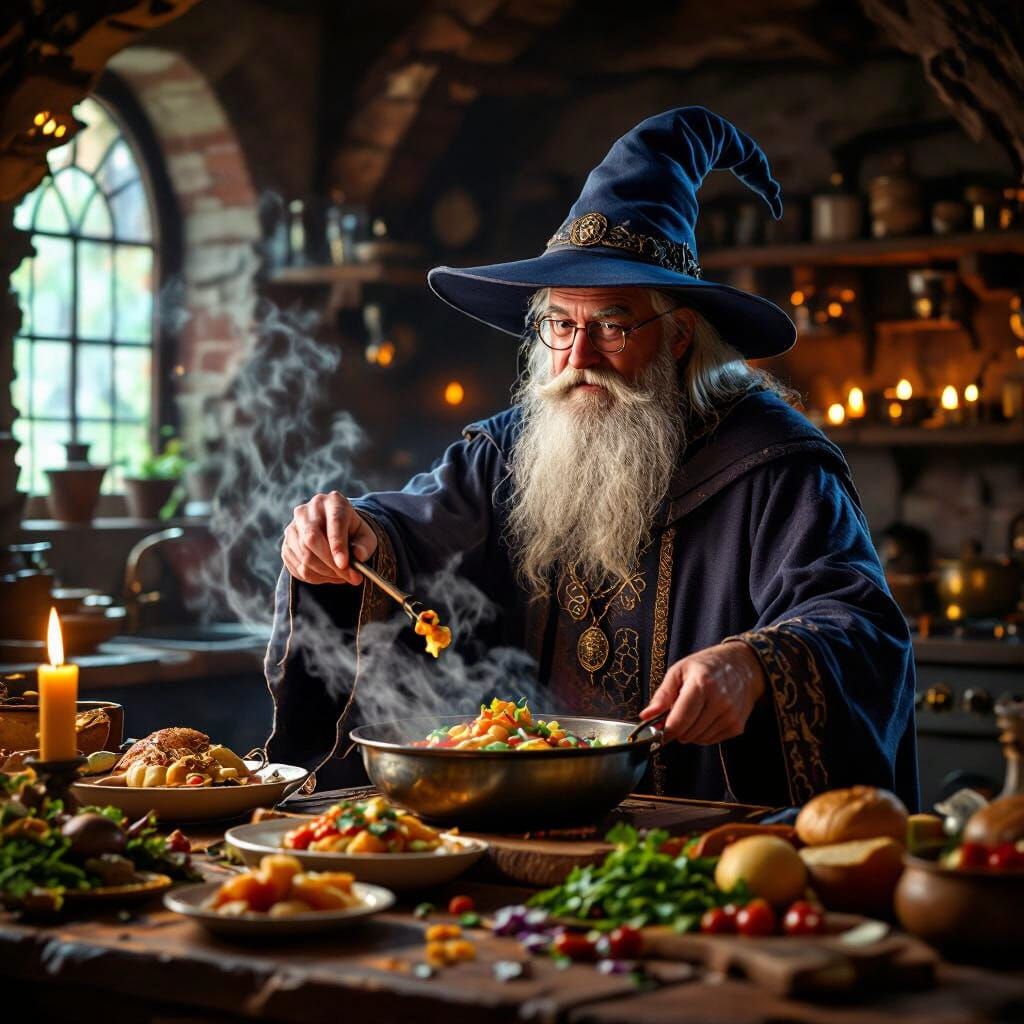 Wizard Chef Creates Magical Feast with Wand
