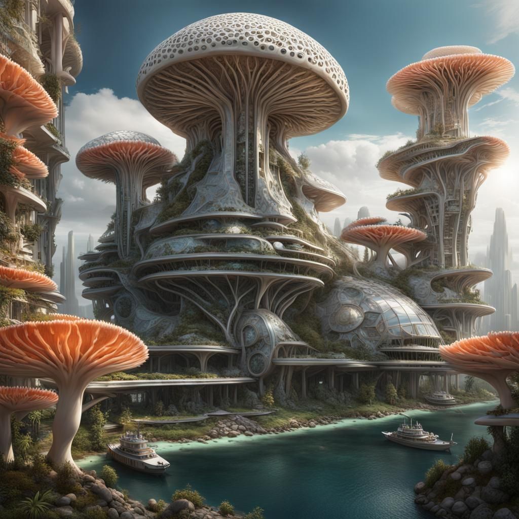Intricate Biopunk Arcology Made of Coral and Mushrooms