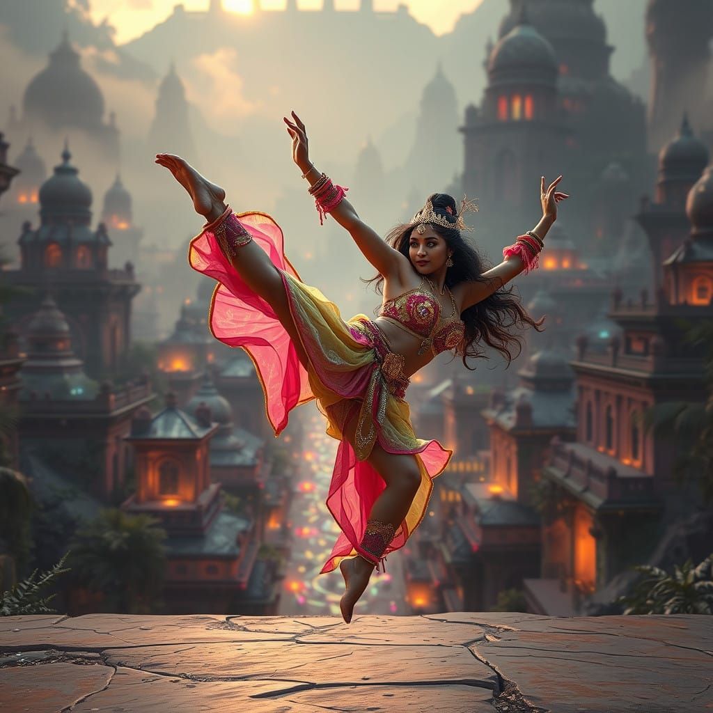 Ethereal Breakdancer Frozen in Motion Against Ancient Citysc...