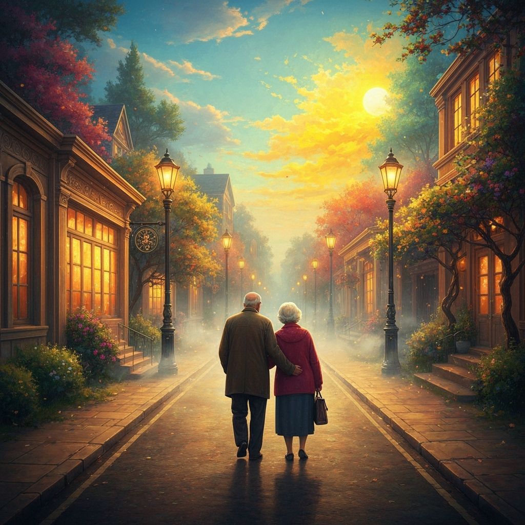 Elderly Couple Strolling in Surreal Autumn Landscape