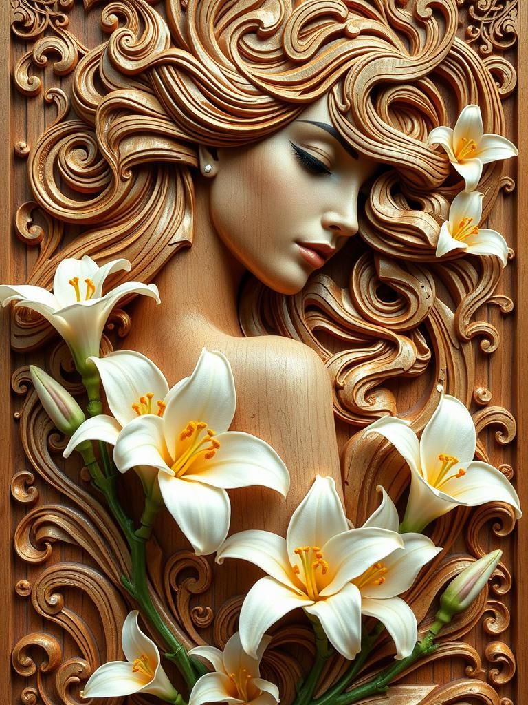 Wood carving: Beautiful woman with white lilies