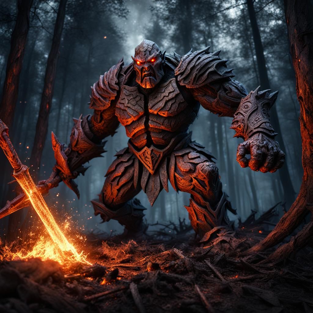 Clay Golem Attacks With Spear in Forest at Night