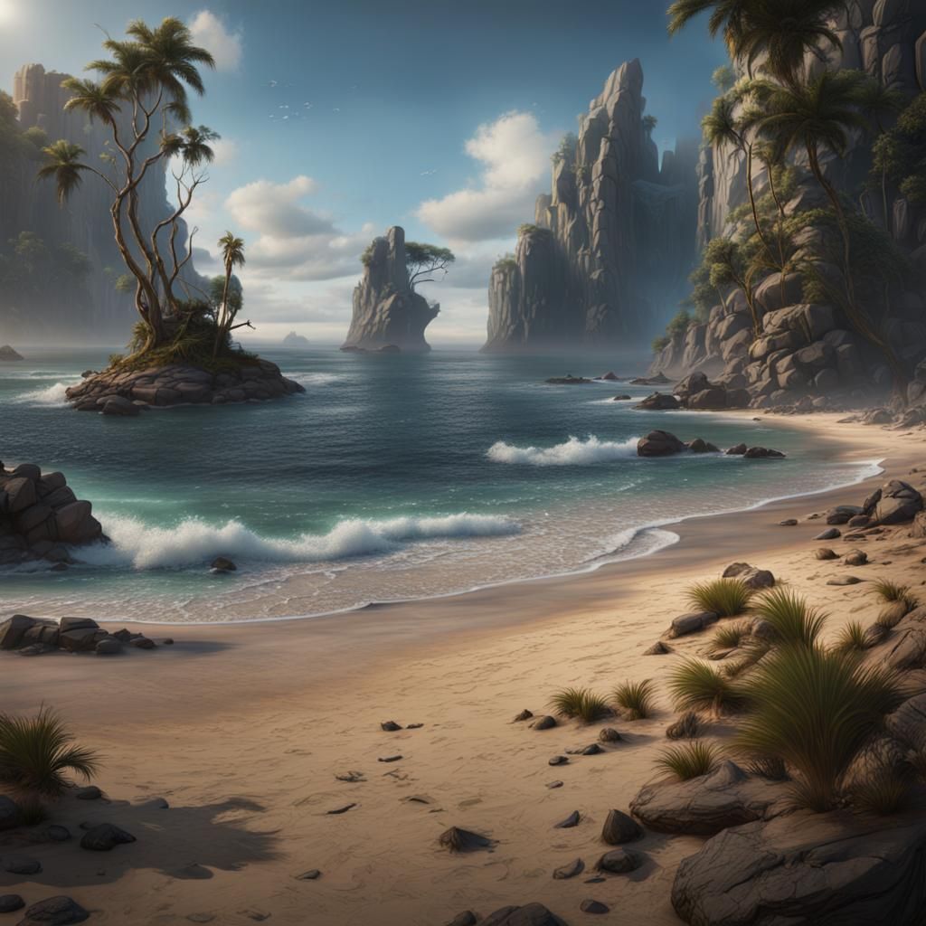 Detailed Beach Scene in Fantasy Concept Art