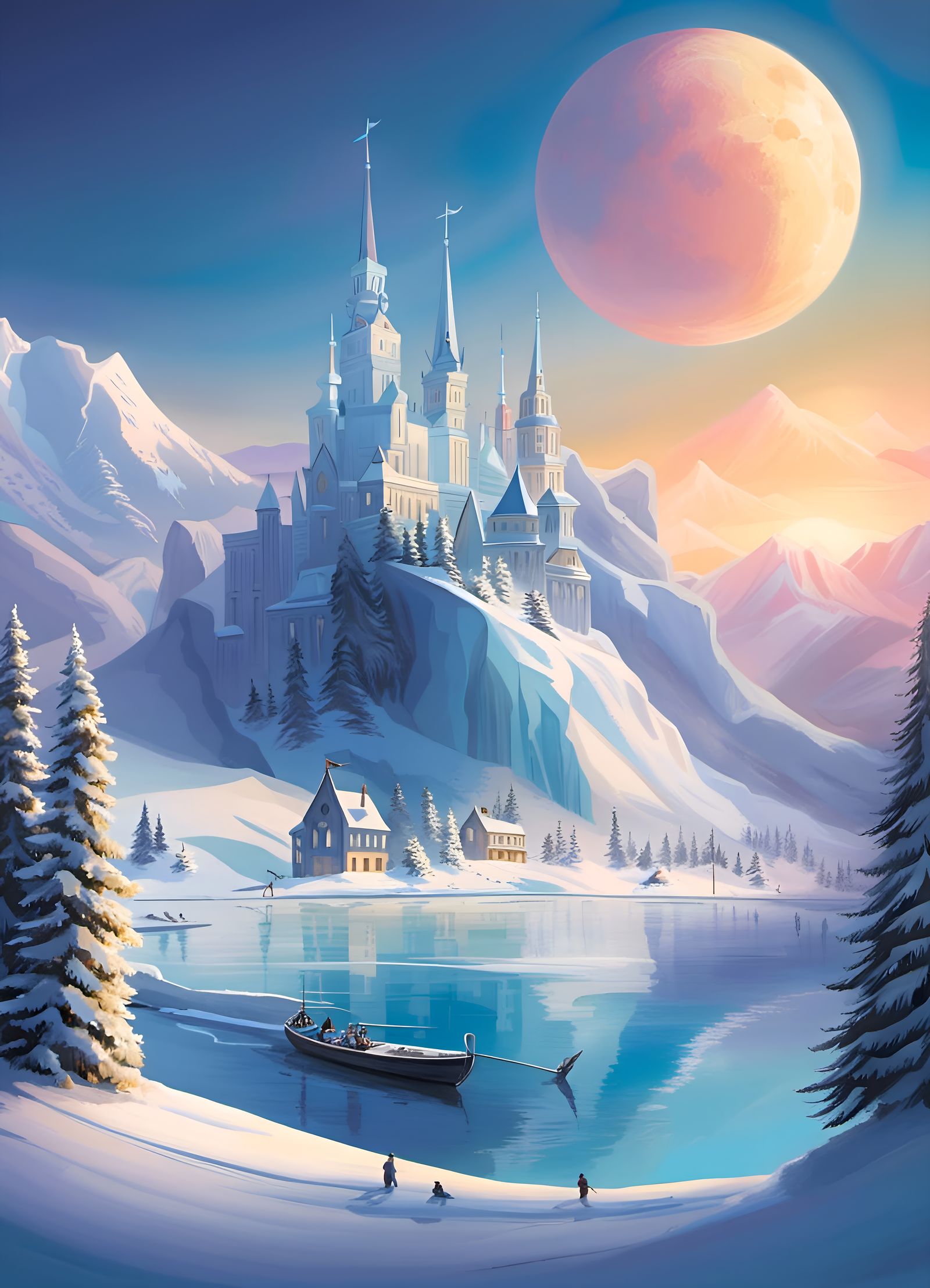 Icy Palace Landscape with Ice Fairies in Watercolour