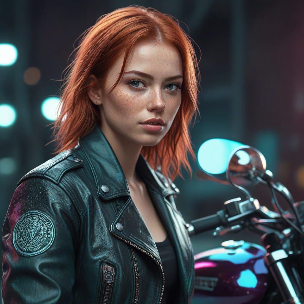 Redhead Woman Poses With Motorcycle in Neon City