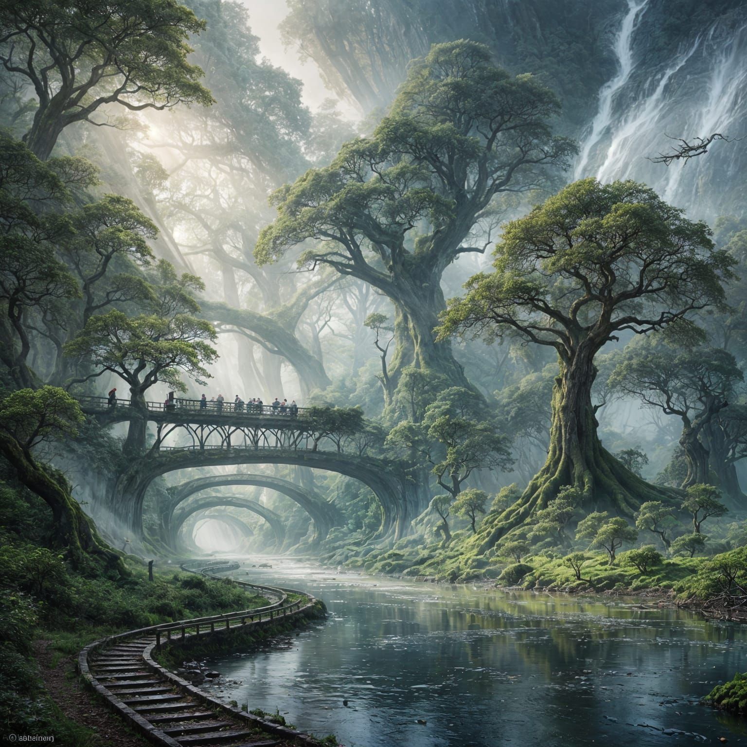 Epic Ancient Forest with River and Train, Dreamlike Digital ...
