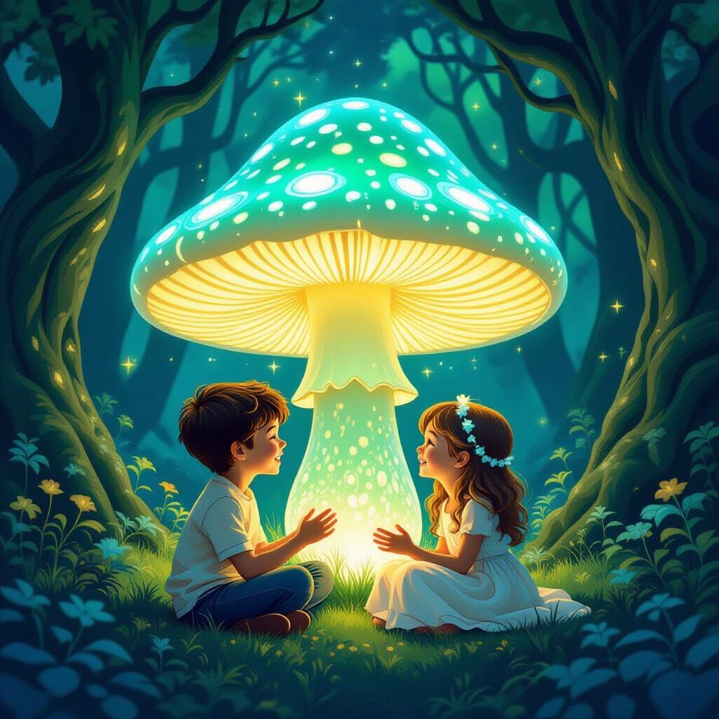 Siblings Share Glowing Mushroom in Enchanted Forest