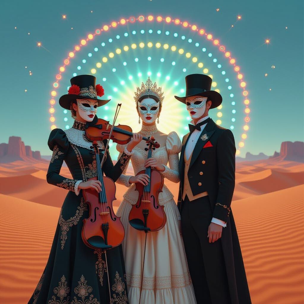 Masked Figures in Desert Landscape: Surreal Kitsch Scene