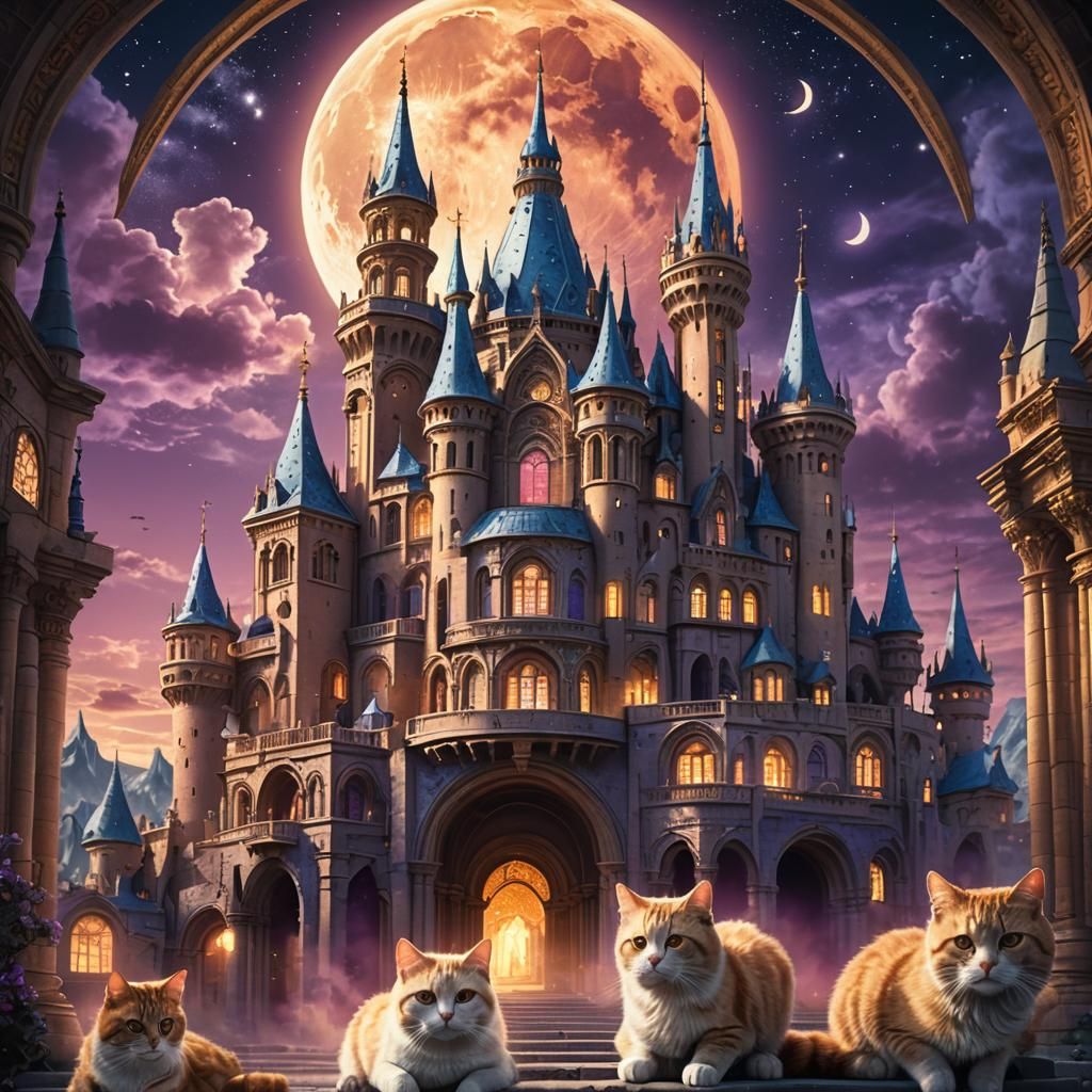 Cats Building Moon City with Baroque Architecture