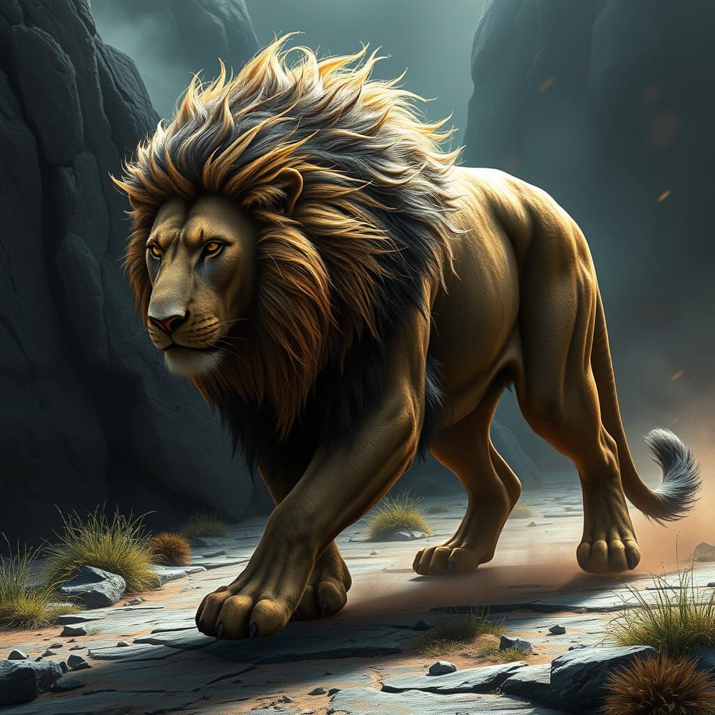 Eurasian Cave Lion Roams the Mystical Steppe