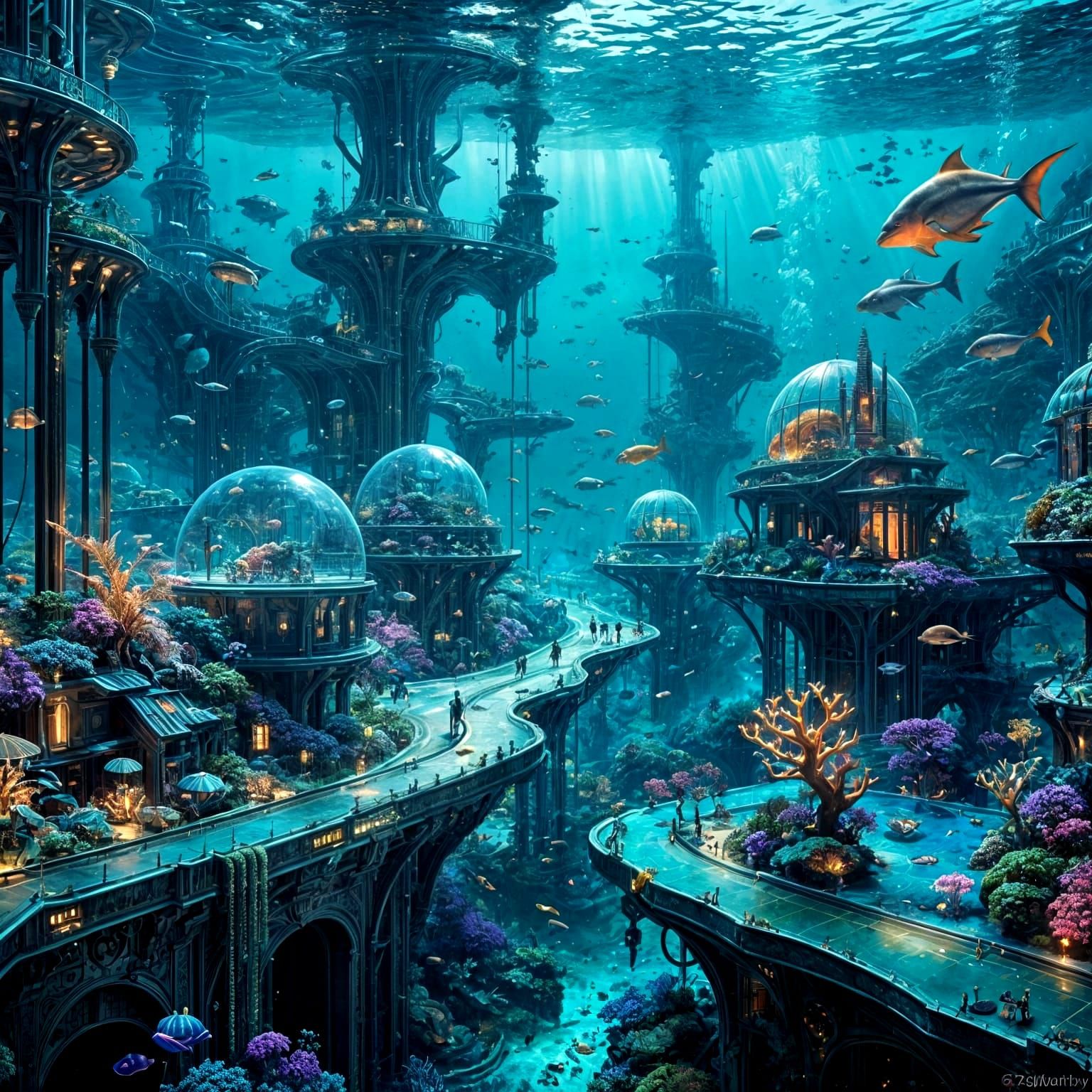 Futuristic Underwater City with Bioluminescent Life