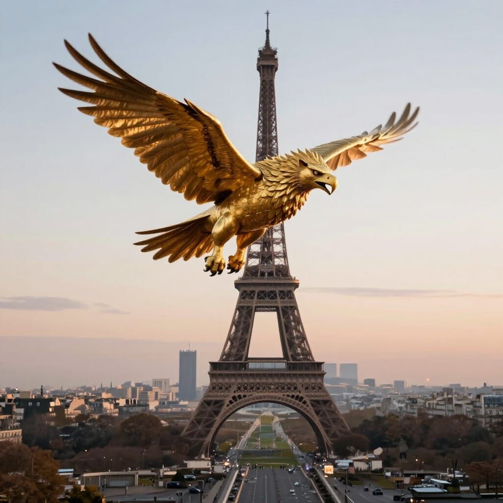 Majestic Griffin Soars Over Paris at Dawn