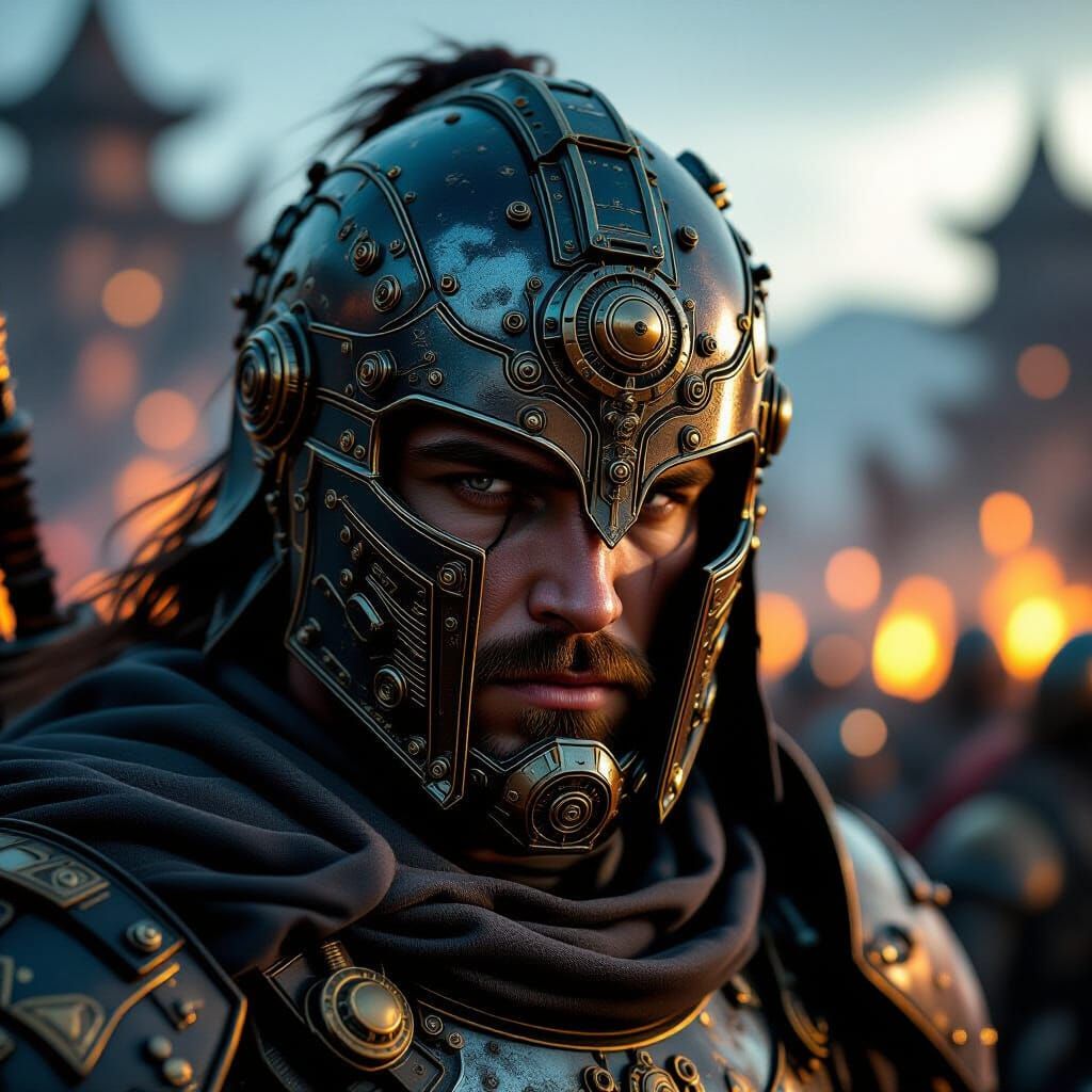 Steampunk Warrior Portrait with Mechanical Helmet