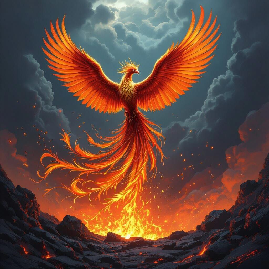 Phoenix Rising from Lava in Painterly Style