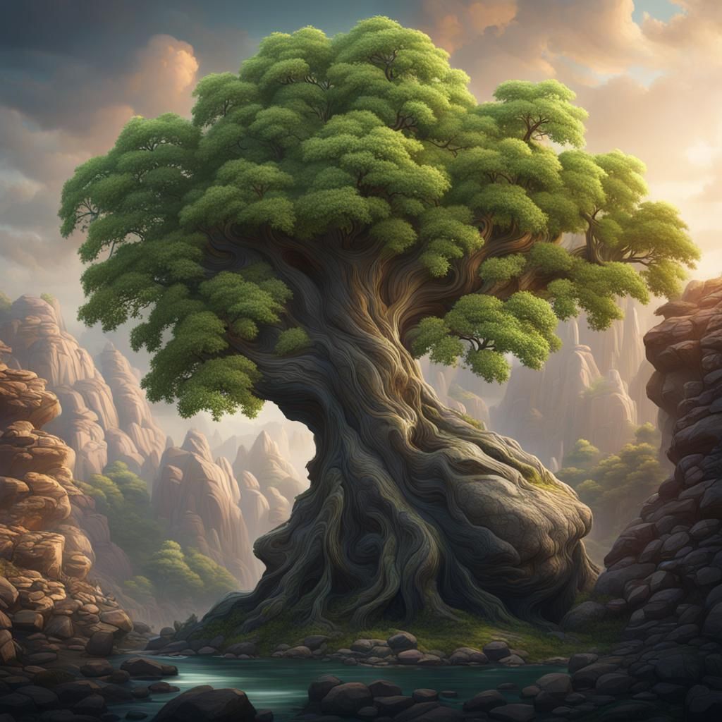 Tree Growing Through Rock: Detailed Matte Painting