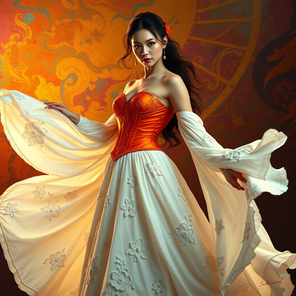 Woman in Floral Gown: Hyperrealistic Concept Art