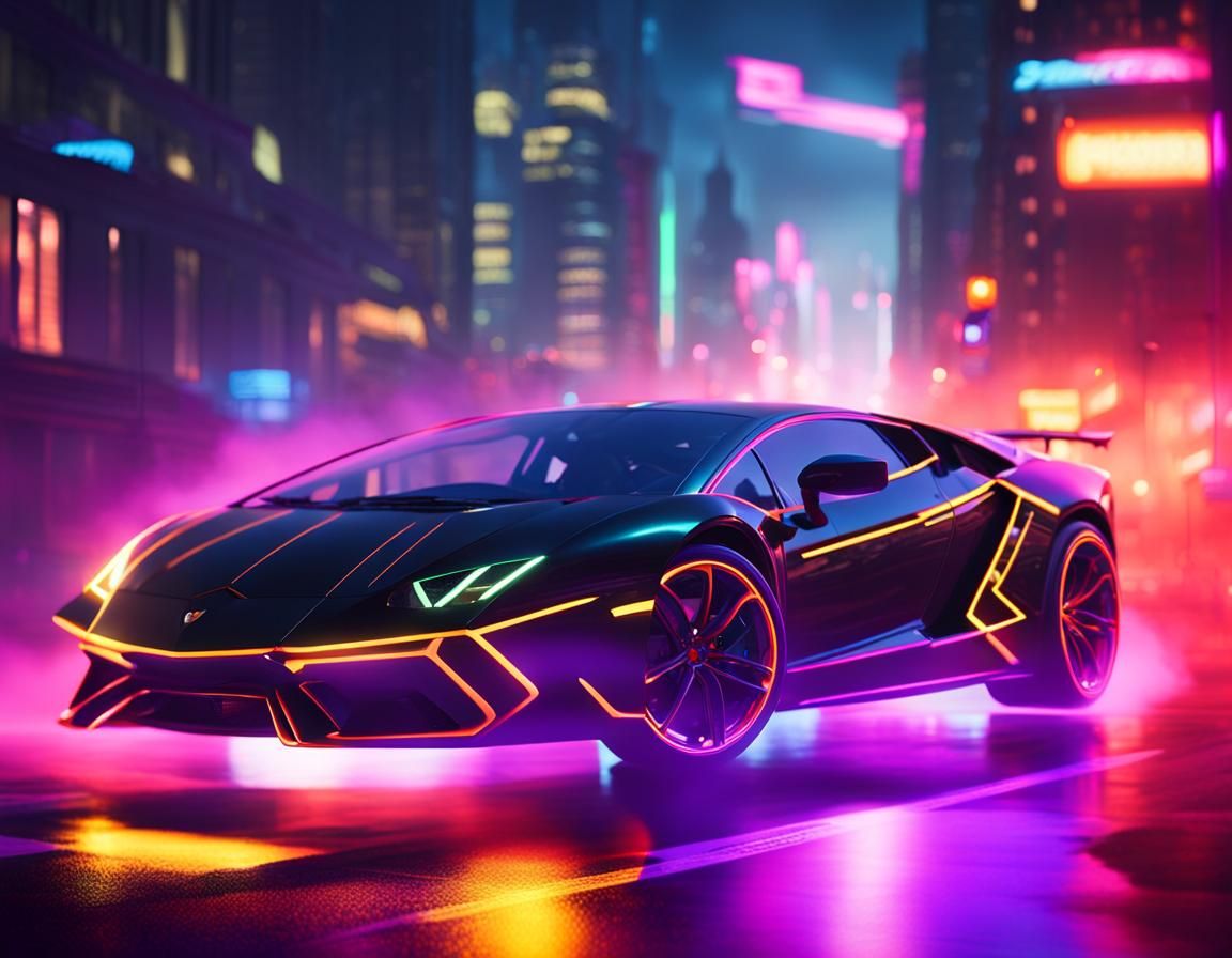 Lamborghini Races Through Misty Neon Cityscape