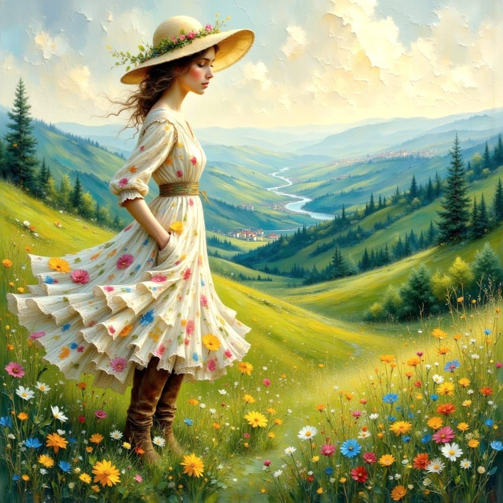 Country Girl in Floral Field: Impasto Oil Painting
