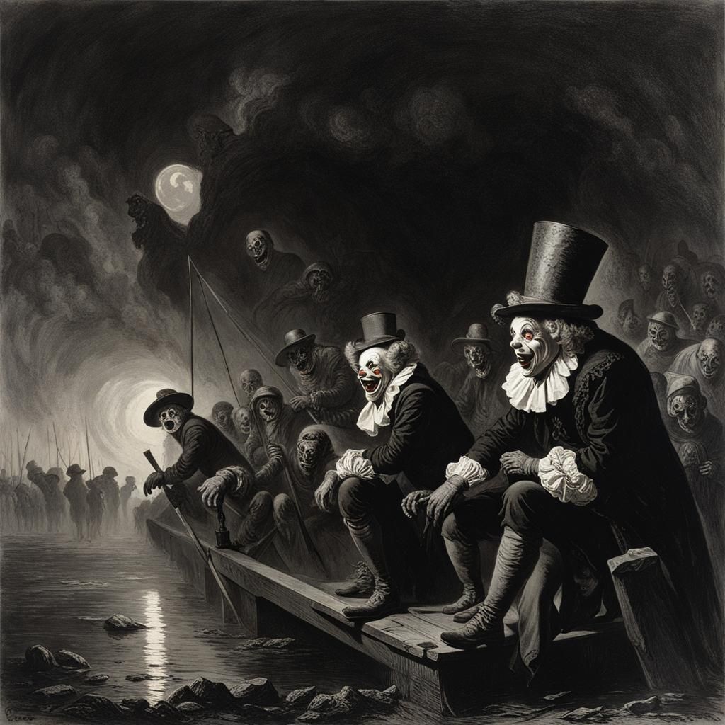 Terrifying Clowns in Horror Engraving Style