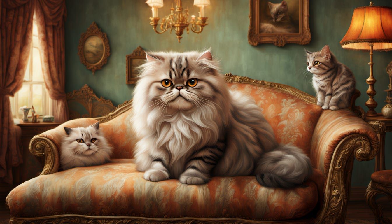 Persian Cat in Tiger Costume on Velvet Cushion