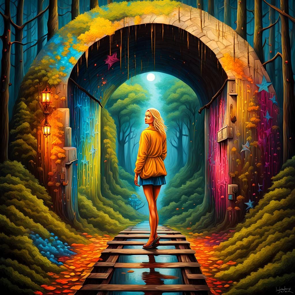 Surreal Woman Emerges from Time Tunnel, Yerka Style