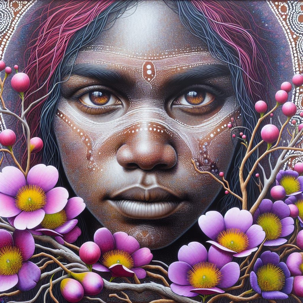 Aboriginal Woman with Boronia Flowers in Oil Paint