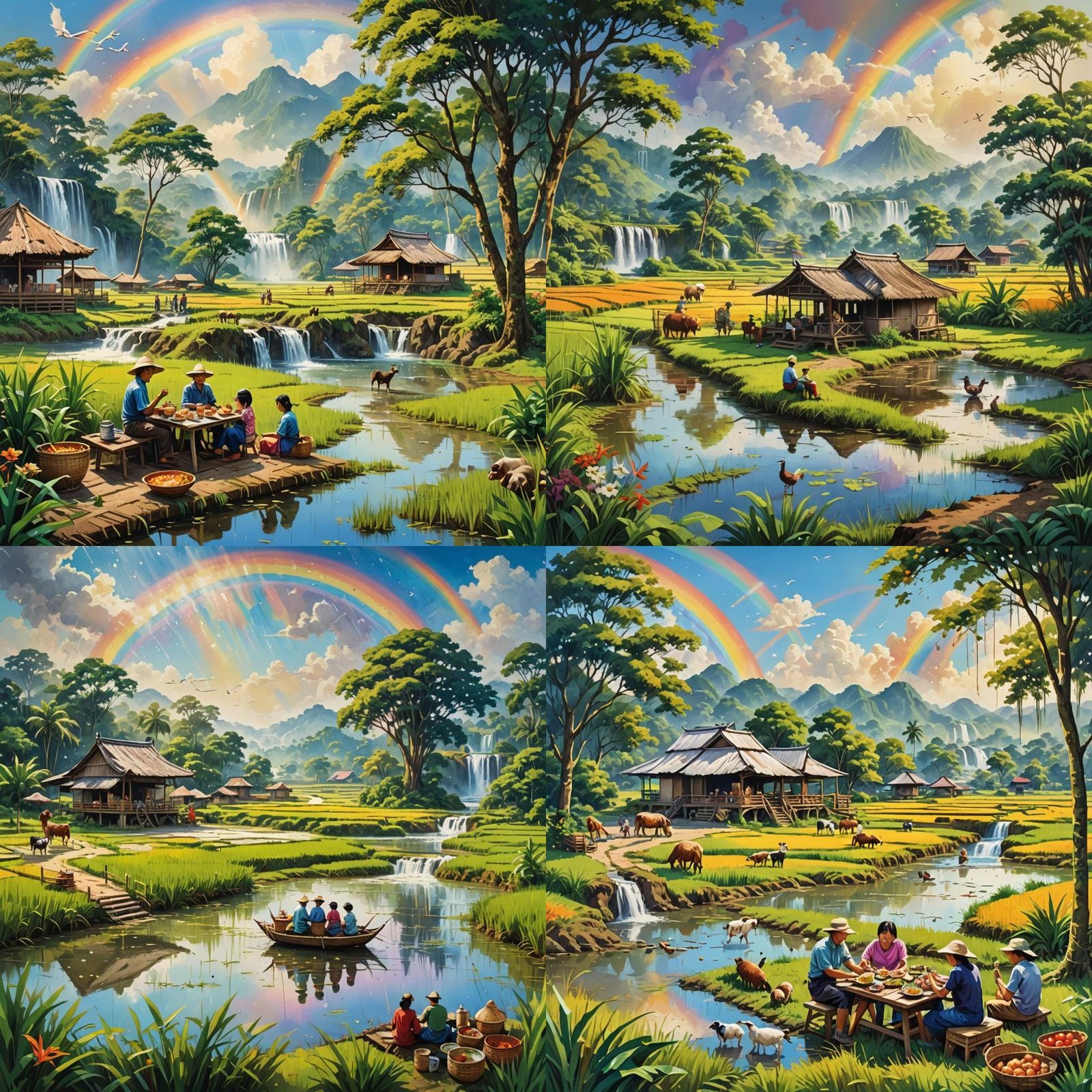 Serene Splatter Paint Rural Scene with Farmer's Lunch