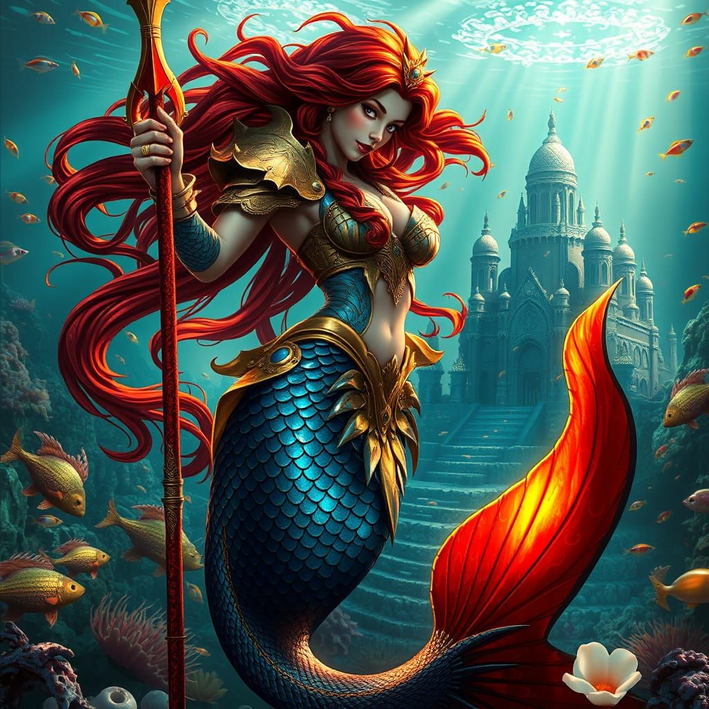 Majestic Warrior Mermaid in Ancient Underwater Kingdom
