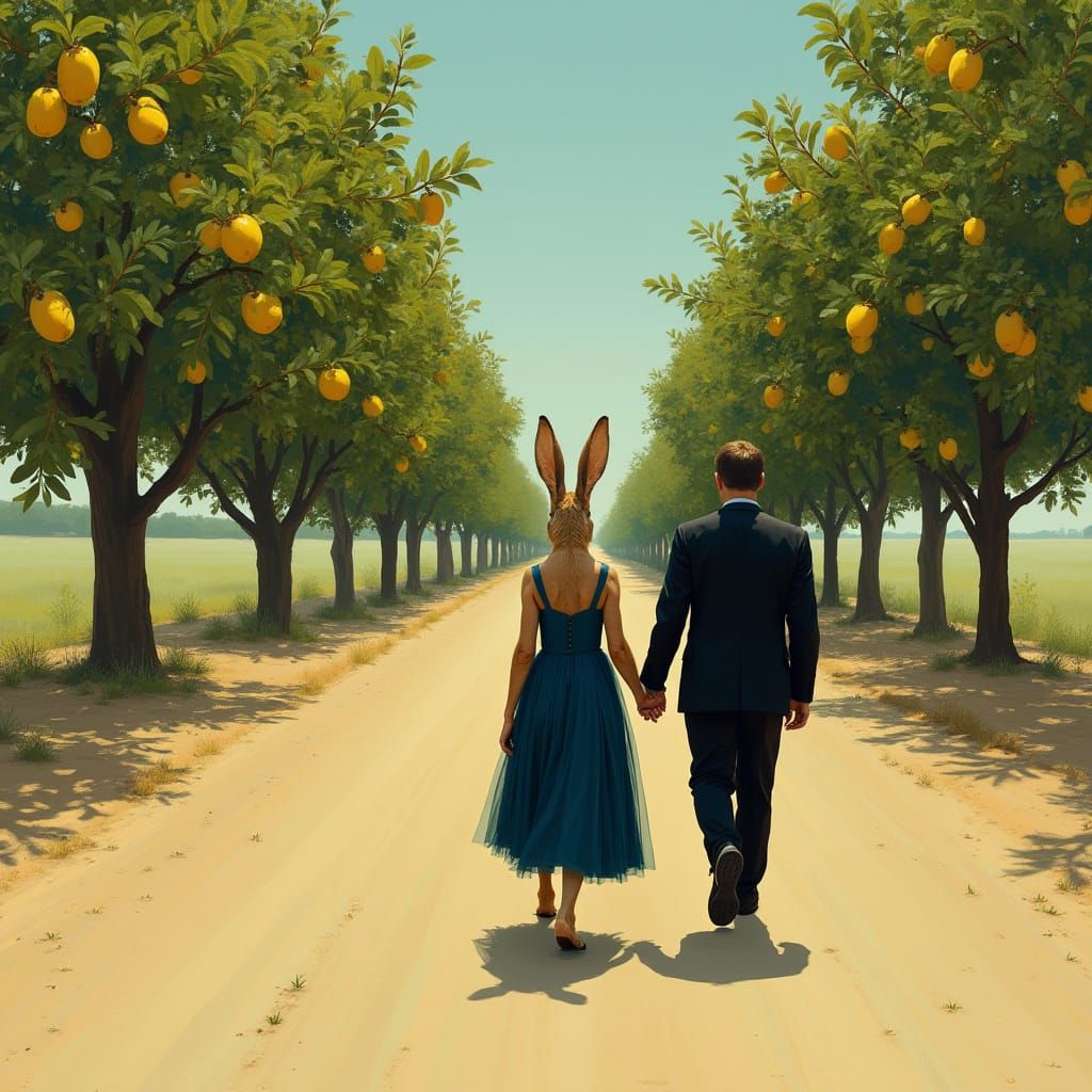 Rabbit and Man on Golden Road: A Realistic Scene