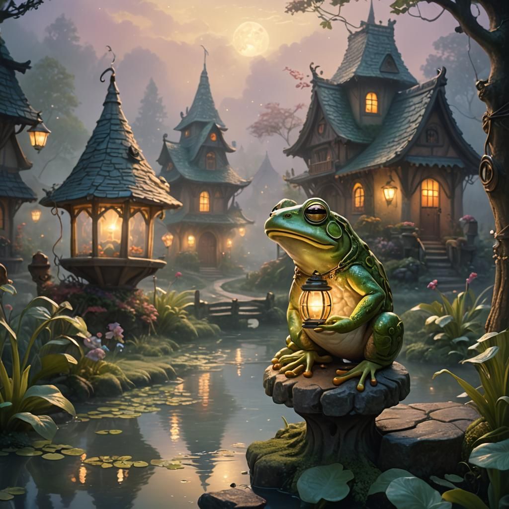 Frog Citizen in Fantasy Village, Ethereal Art Style