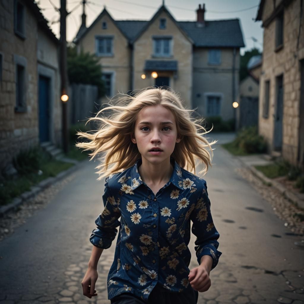 Girl Running on Dark Street: Surreal Portrait Photography