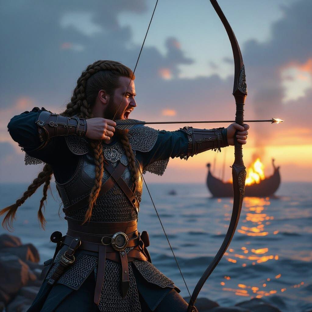 Viking Archer at Dusk: Flaming Longship Background