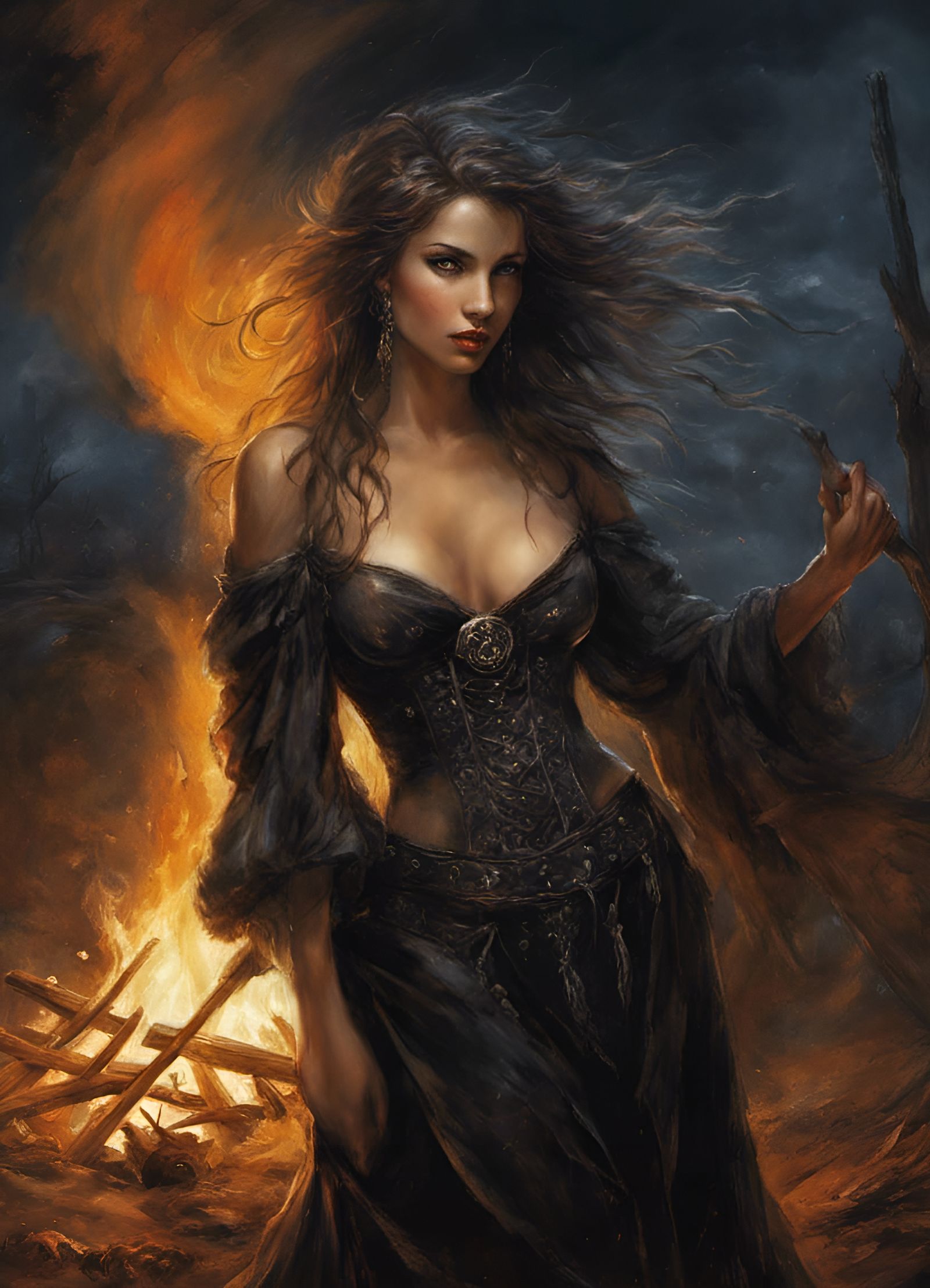 Young Witch Dancing by Bonfire: Dark Fantasy Art