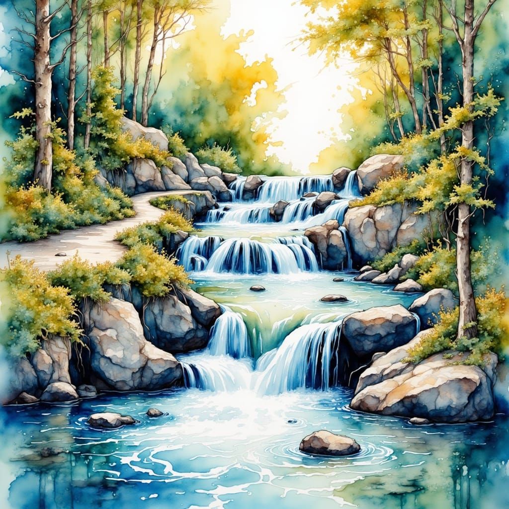Watercolor River Cascading Down Stepped Waterfall