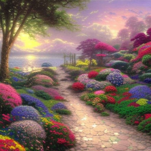 Seashells in Ethereal Flower Garden, Luminism Style