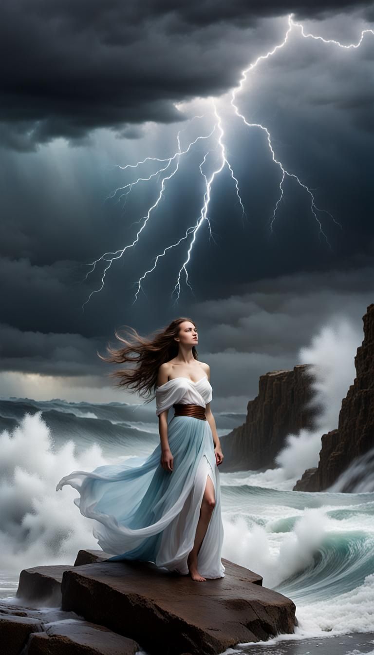 Woman in Stormy Sea with Lightning