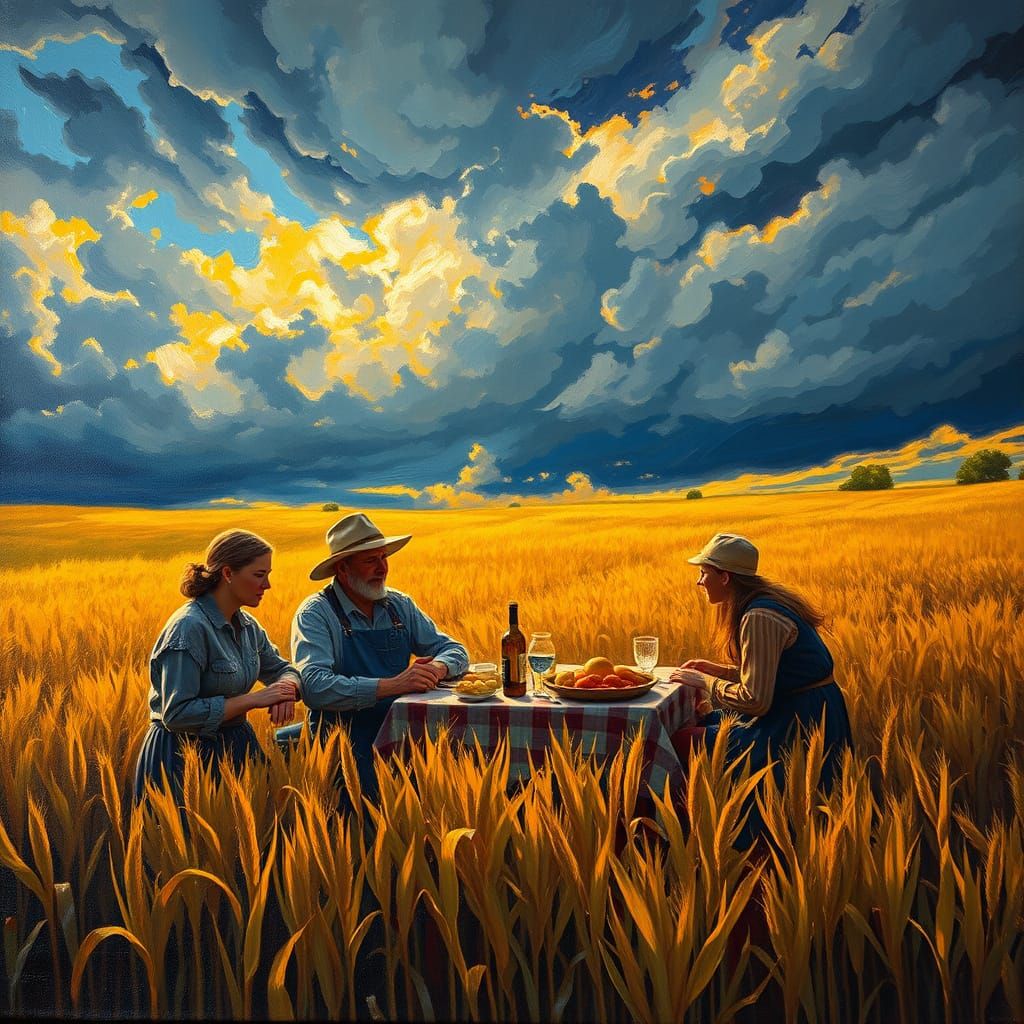 Farmer Family Dining Outdoors Amidst Golden Hour Storm