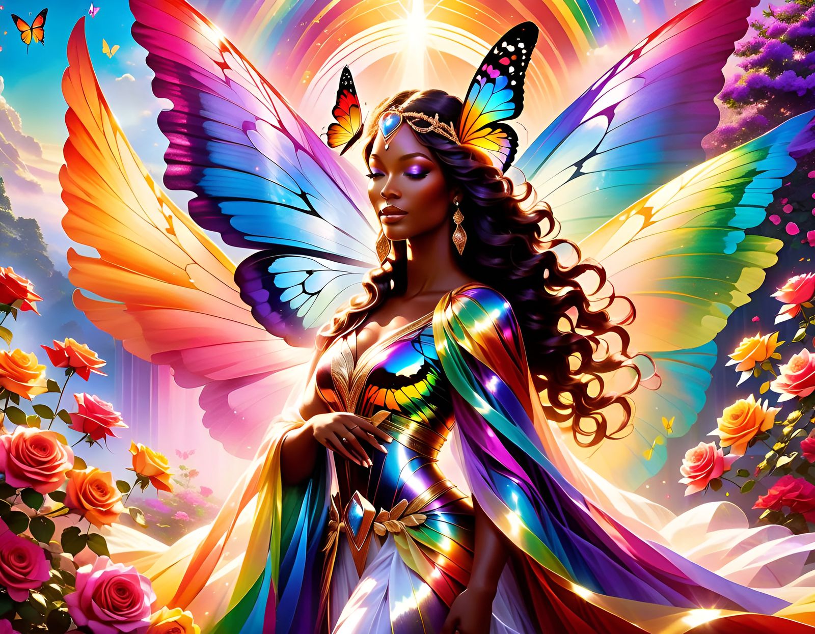 Radiant Butterfly Goddess Emerges from Rose, Expressionist S...