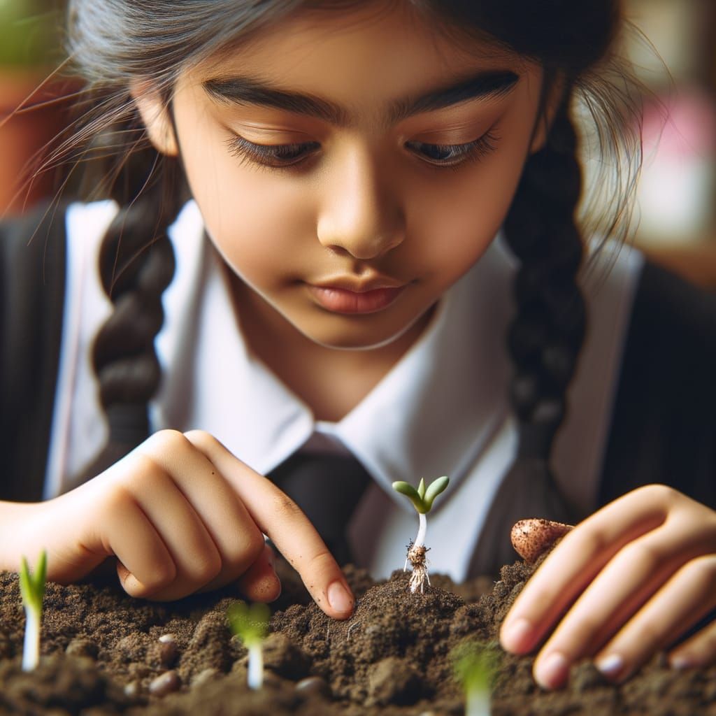 Young Student Studies Soil and Sprouting Seed