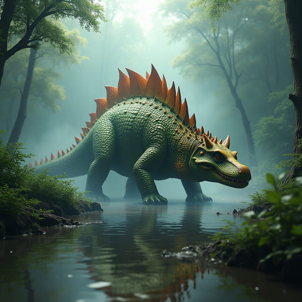 Colossal Stegosaurus-Crocodile Hybrid in a Mist-Shrouded For...