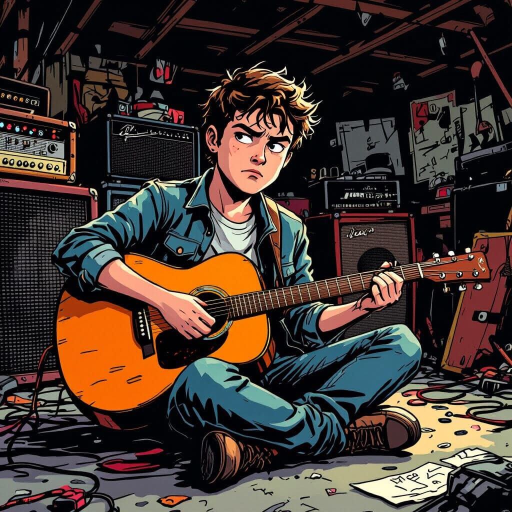 Comic Style Young Guitarist Skeptical in Messy Garage