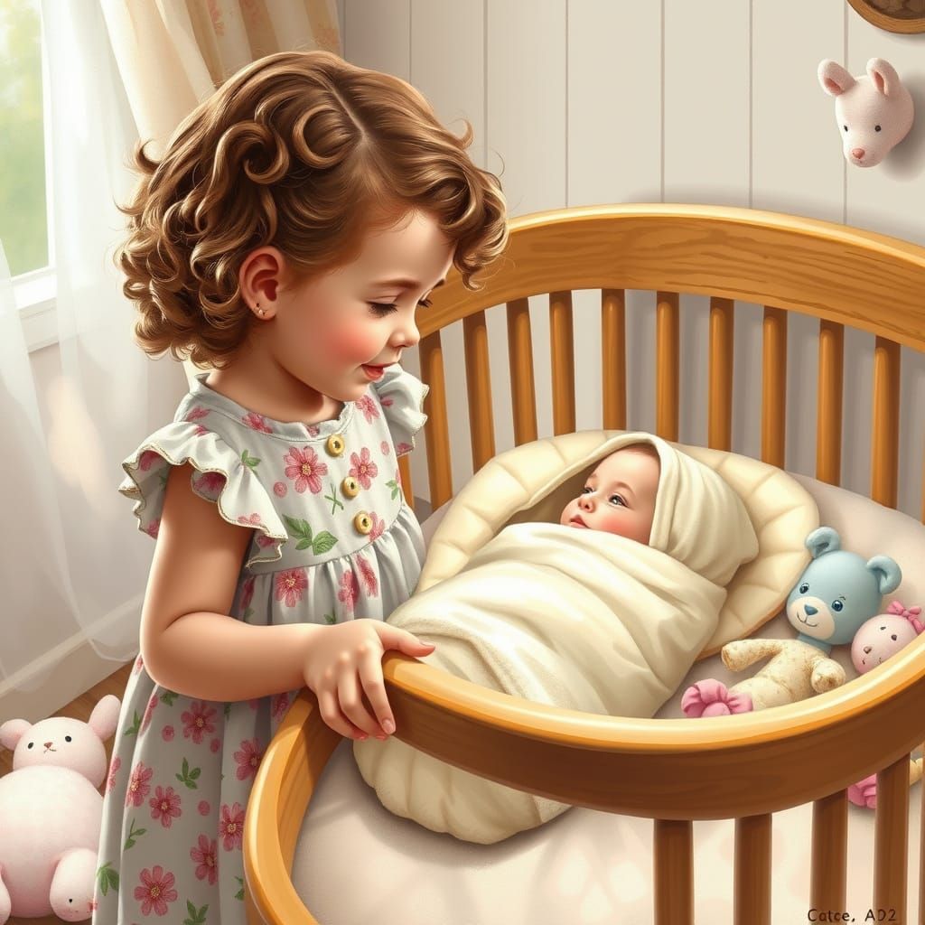Girl Admires Baby Brother in Cozy Nursery