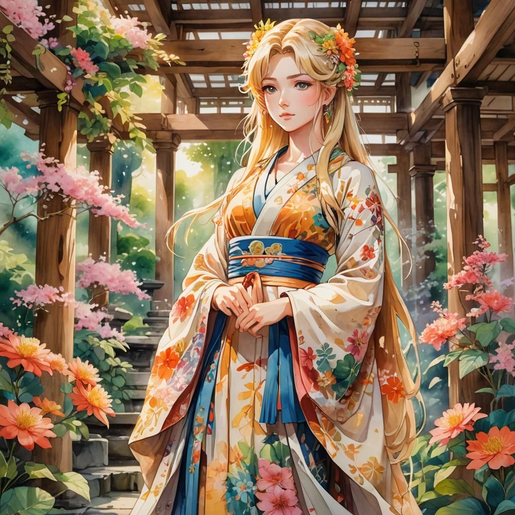 Sacred Goddess Amidst Whimsical Temple Florals in Vibrant An...