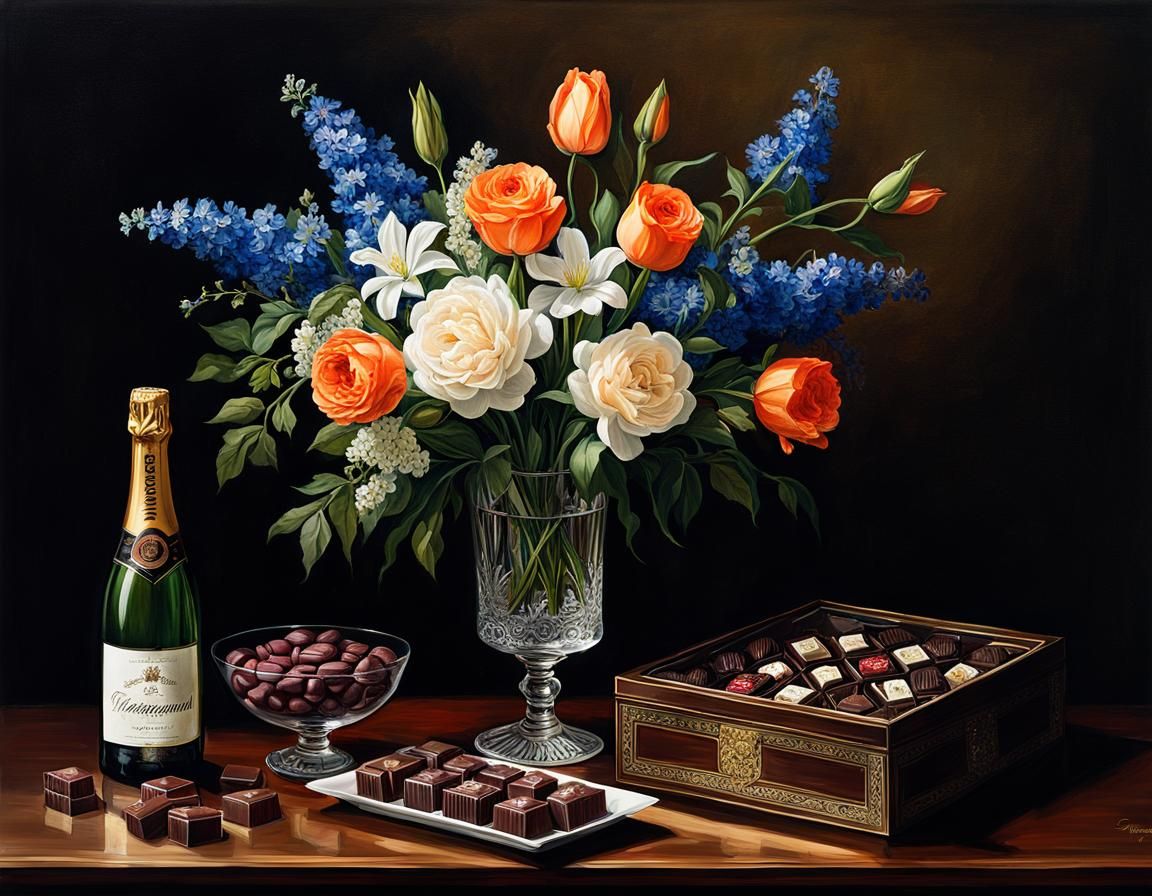 Valentine's Still Life with Flowers and Champagne