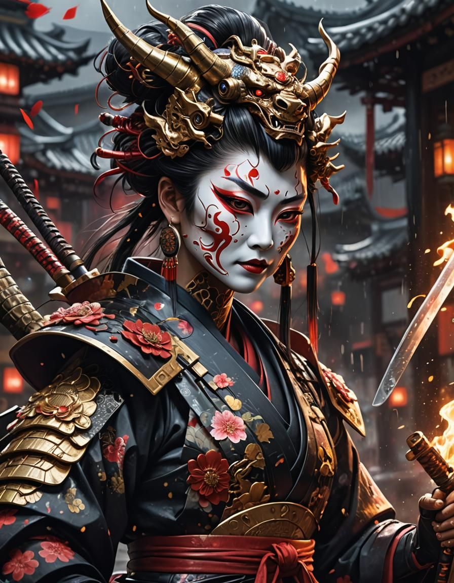 Robot Geisha with Oni Mask in Digital Art Style