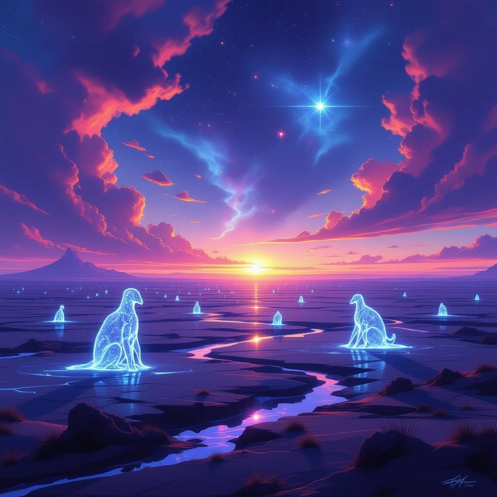 Alien Landscape with Ethereal Light Creatures in Surreal Sty...