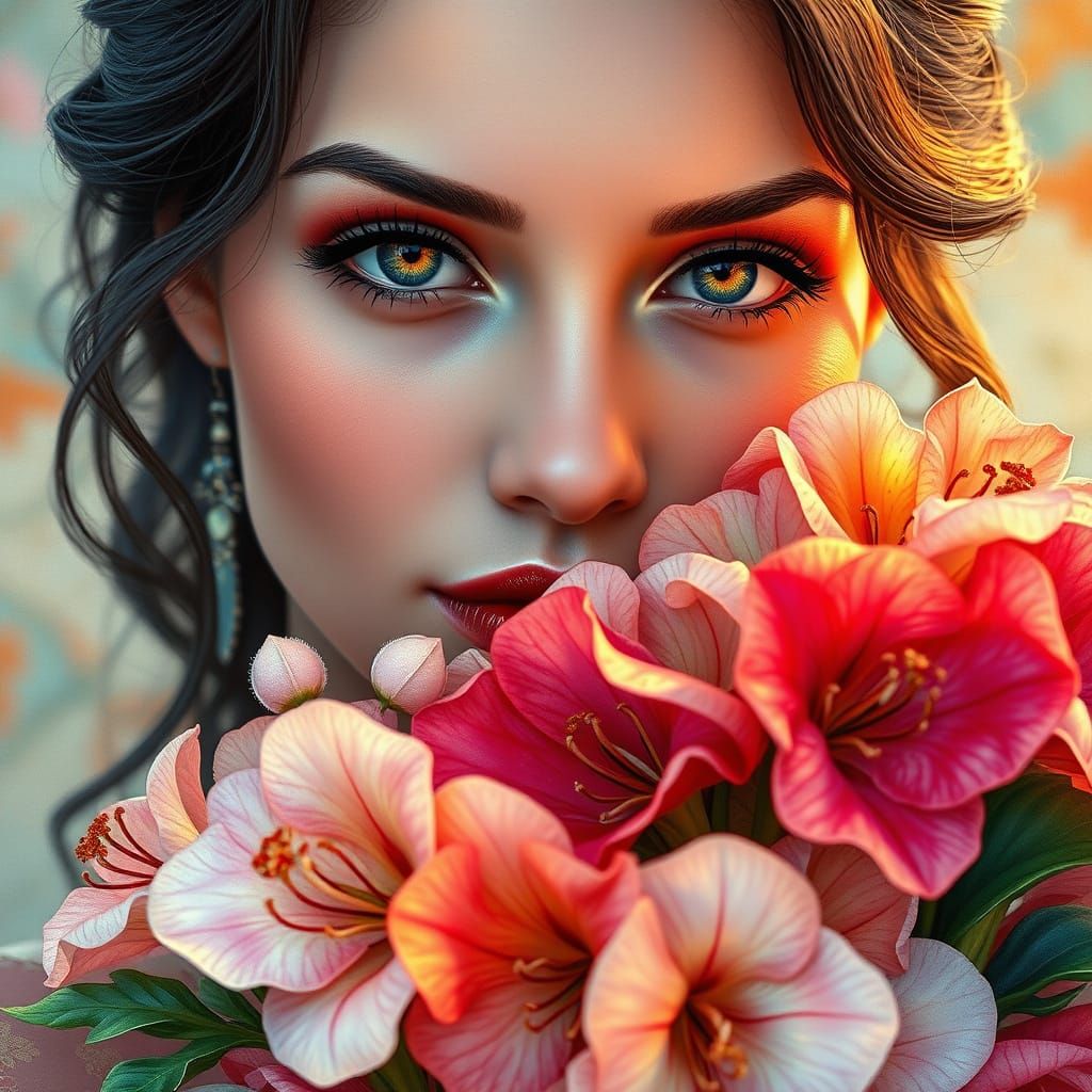 Stunning Woman with Vibrant Bouquet in Art Nouveau Style