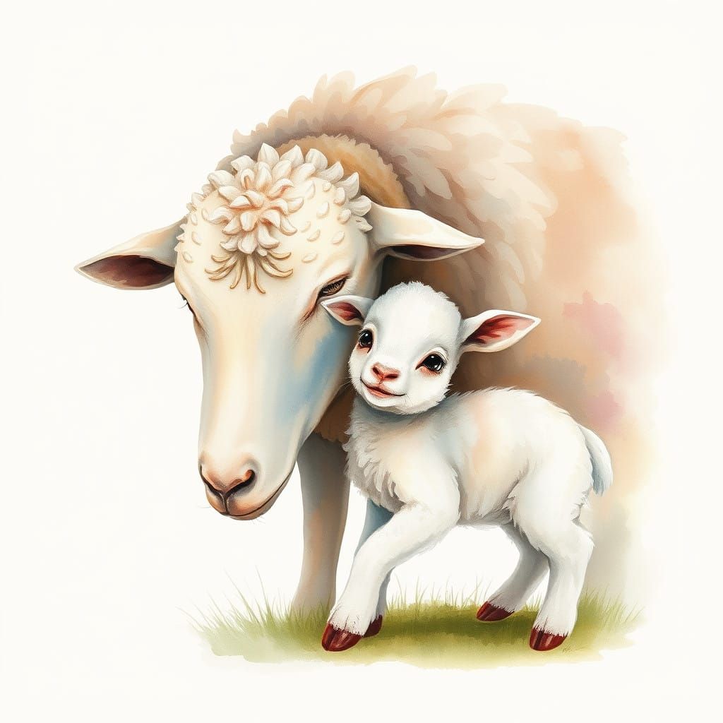 Watercolor Lamb and Mother in Whimsical Fantasy Style