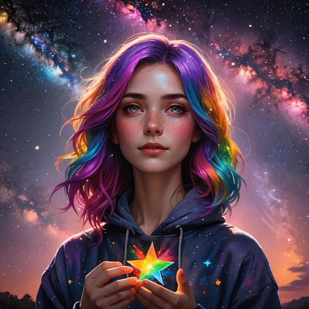 Girl with Rainbow Hair Holding Glowing Star