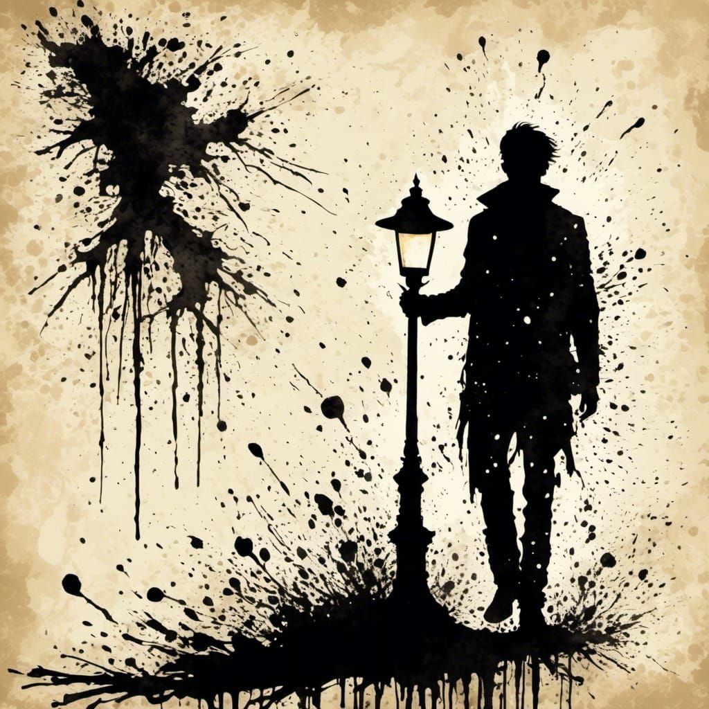 Shadowed Figure with Lamp in Blotched Ink Style